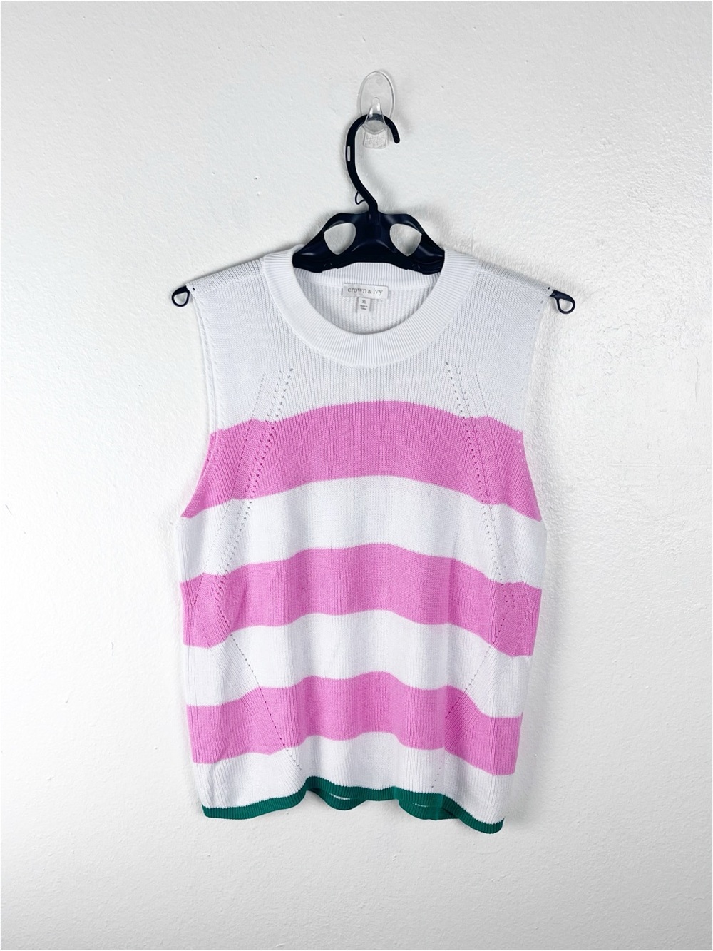 CROWN & IVY Pink White Striped Cap Sleeves V-Neck Sweater Vest XL Preppy Tennis